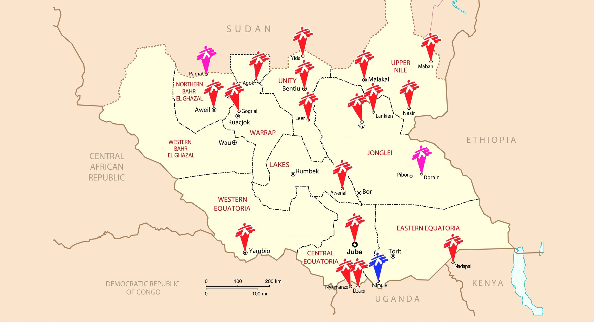 O hartă a celor de la MSF cu misiunile din Sudanul de Sus. În nord, chiar la graniță, se află localitatea Agok.