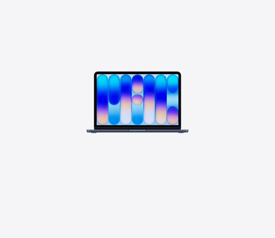 MacBook Neo, otvorený, indigová farba, farebná abstraktná tapeta