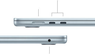 Pohľady zboku na MacBook Air s viditeľnými portmi: MagSafe a dva porty Thunderbolt 4 na ľavej strane, konektor na slúchadlá na pravej strane