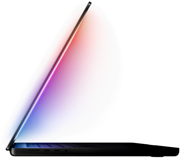 Pootvorený MacBook Pro. Z obrazovky na klávesnicu dopadá pestrofarebná žiara.
