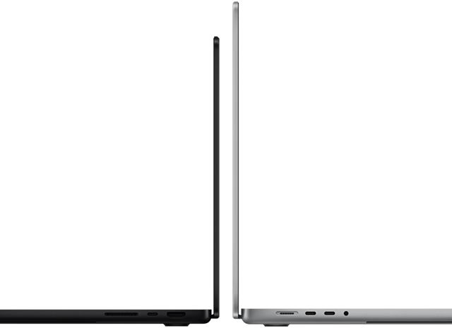 14-palcový a 16-palcový MacBook Pro zadnými stranami pri sebe na porovnanie veľkostí a zvýraznenie štíhleho profilu.