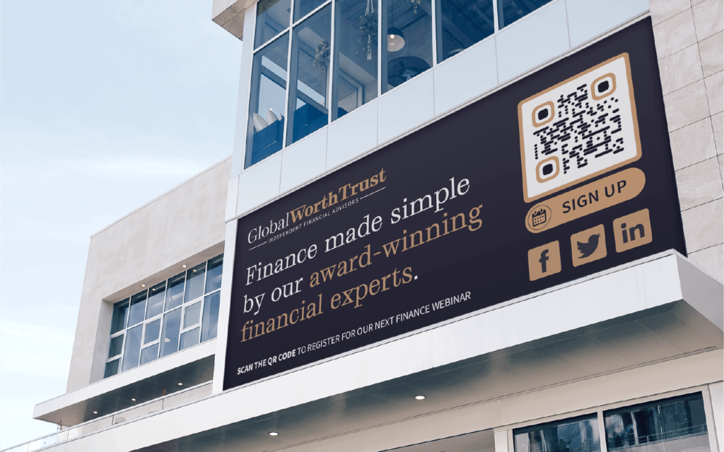 A finance company promotes a webinar using a QR Code on a billboard ad