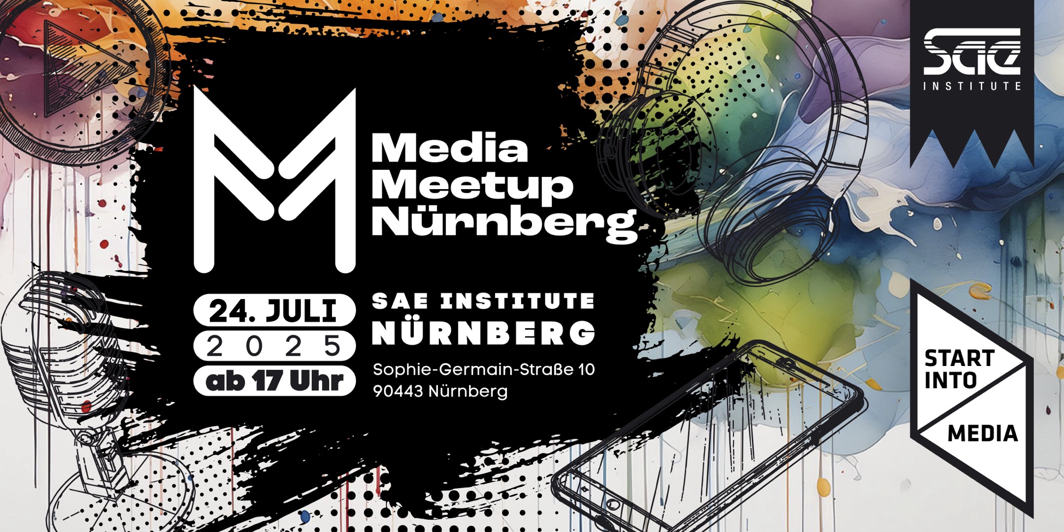 Media Meetup Nürnberg Das Logo des Media Meetups Nürnberg ist zu sehen sowie der Host, das SAE Institute und der Kooperationspartner Start into media