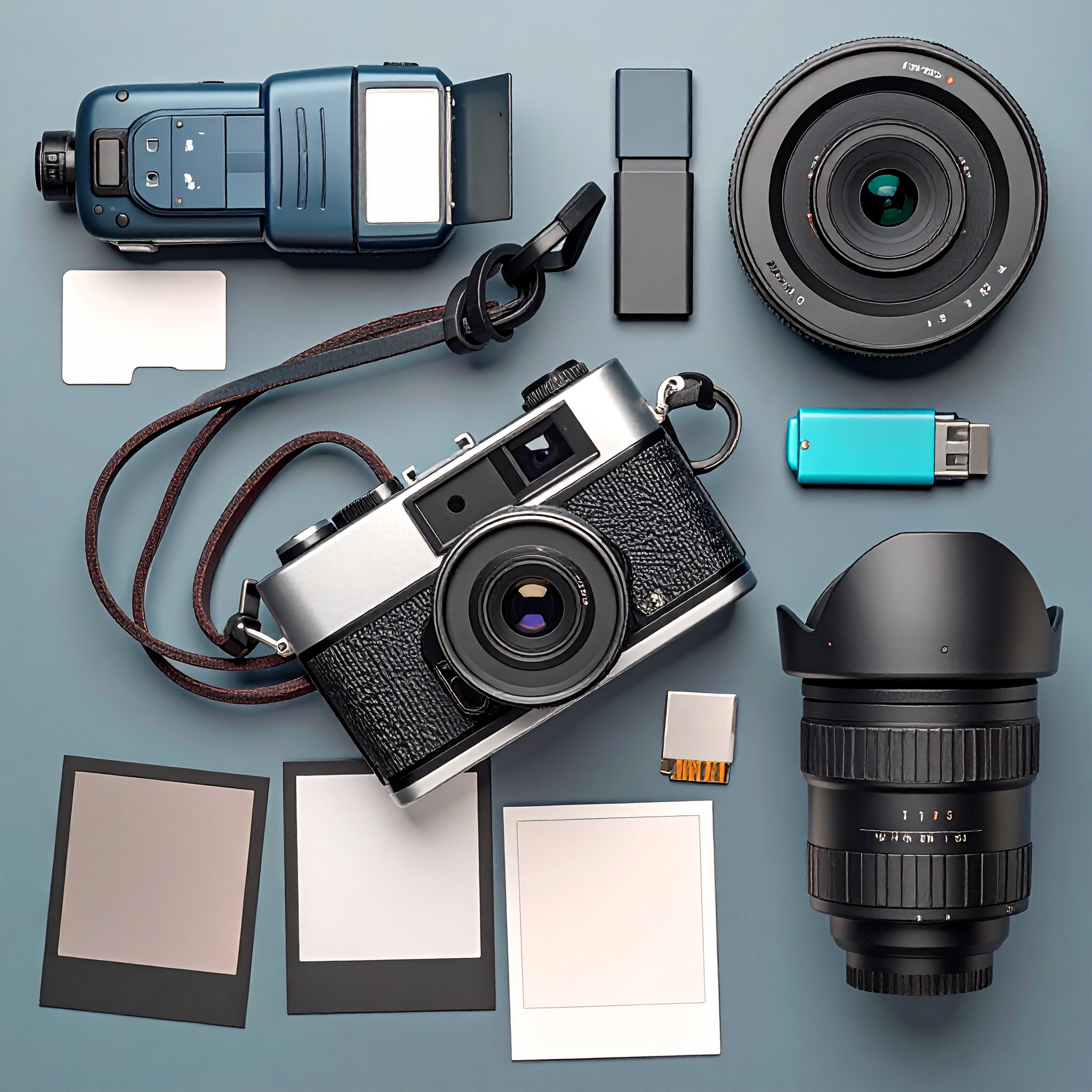 Es wird Fotografie Equipment nebeneinander liegend dargestellt. Ein Fotoblitz, eine Analog-Kamera, ein Objekttief und verschiedenes Zubehör wie ein Speicherstick und Sofortbilder