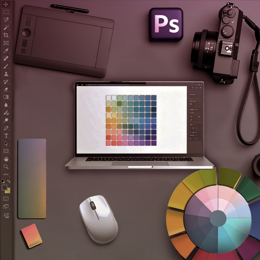 Verschiedene Gegenstände die mit dem Thema Bildbearbeitung zu tun haben. Fotokamera, Laptop, Computermaus, Farbskala, Zeichentablett
