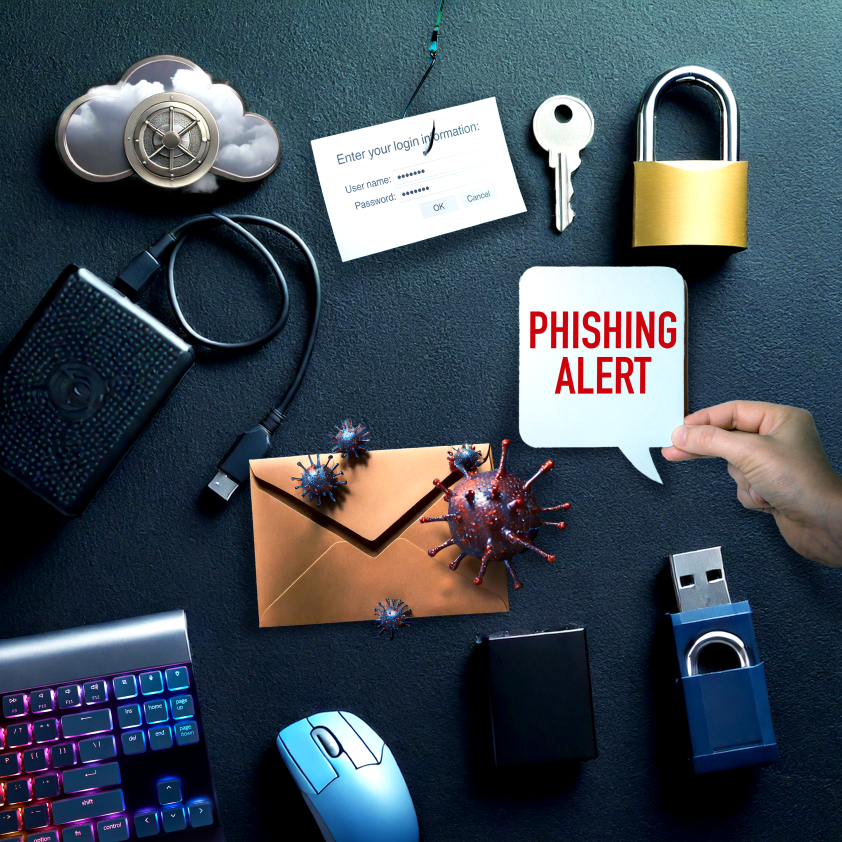 Verschiedene Gegenstände die mit dem Thema Digitale Kompetenz zu tun haben. Vorhängeschloss, Laptop, Tastatur, Schlüssel, Cloud, USB Stick