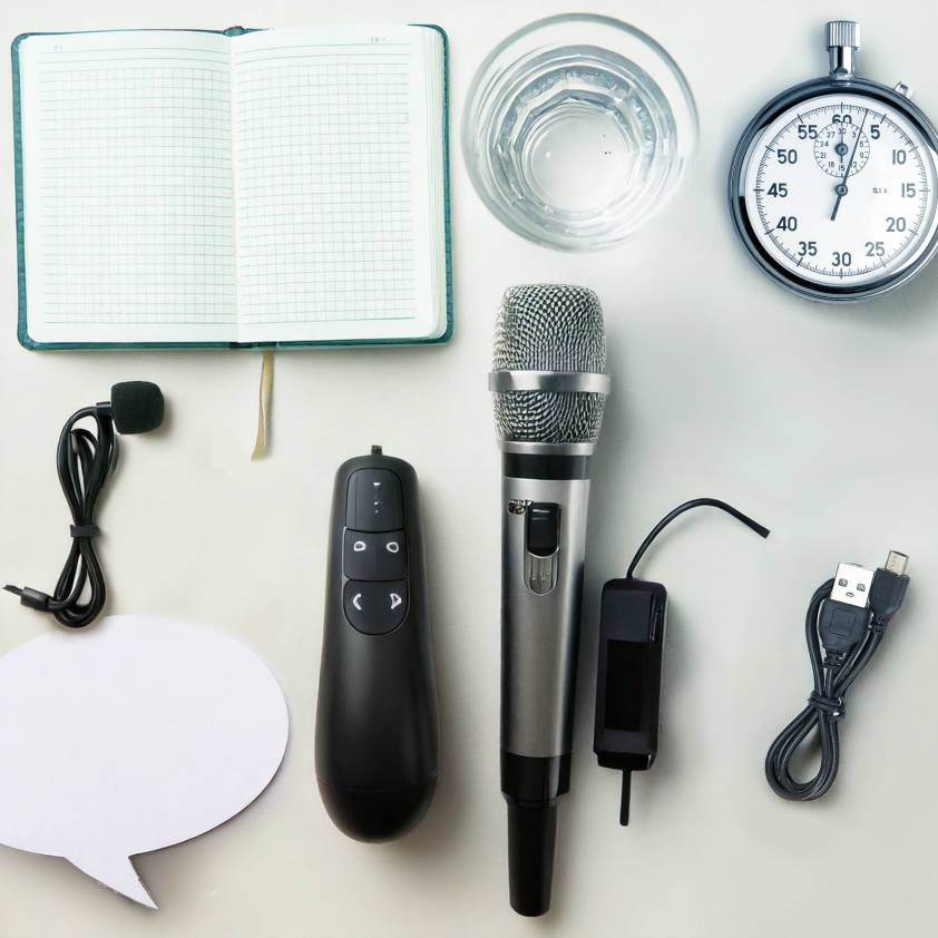 Verschiedene Gegenstände die mit dem Thema Rhetorik zu tun haben. Mikrofon, Presenter, stopuhr, Glas Wasser, Notizbuch