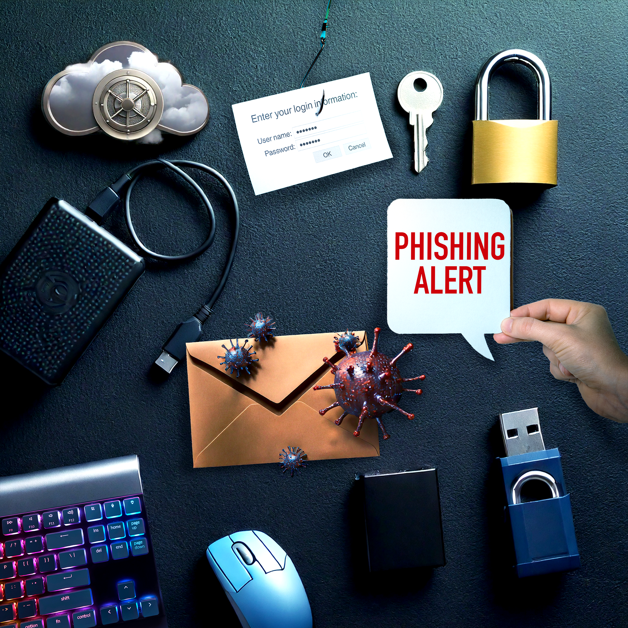 Verschiedene Gegenstände die mit dem Thema Digitale Kompetenz zu tun haben. Vorhängeschloss, Laptop, Tastatur, Schlüssel, Cloud, USB Stick