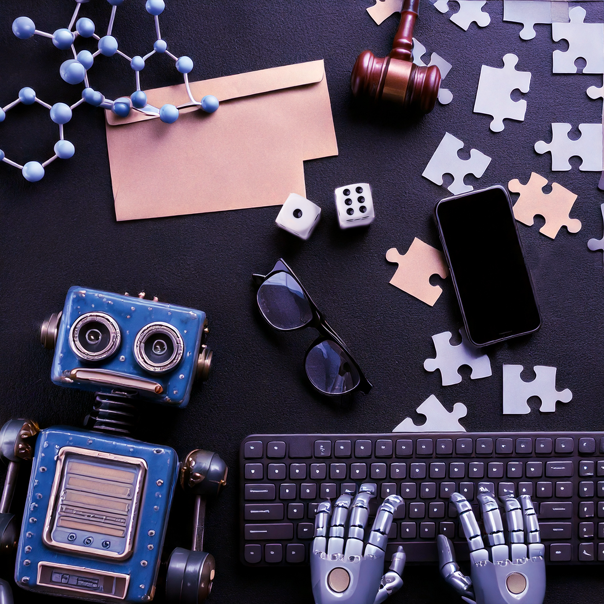 Verschiedene Gegenstände die mit dem Thema KI zu tun haben. Roboter, Tastatur, Puzzelteile, Atommodel, Zeichentablett