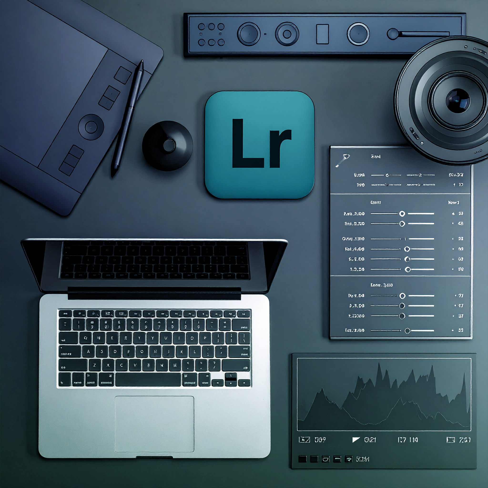 Verschiedene Gegenstände die mit dem Thema Bildbearbeitung zu tun haben. Laptop, Computermaus, Farbskala, Zeichentablett