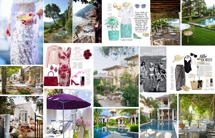 Das Mood Board von Annette zitiert ein gepflegtes. luxuriöses Ambiente im kühlen Schatten.