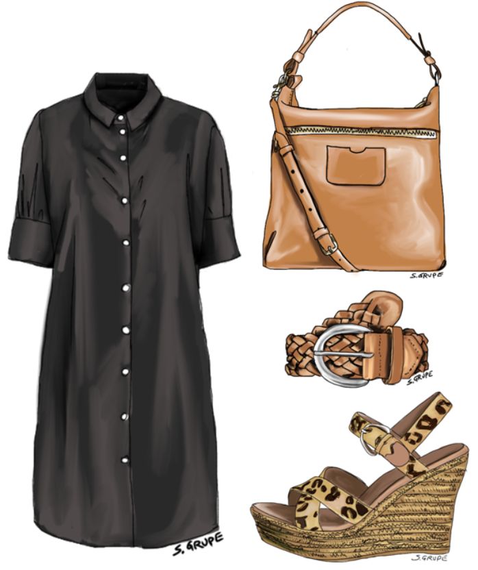 Wenn Sie Ihr Blusenkleid mit einem braunen Flechtgürtel, Leo-Wedges aus Bast und einer Hobo-Bag stylen, erhalten Sie sofort den trendy Boho-Style.