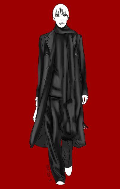 Schwarze Hose, schwarzer Pulli, schwarzer Mantel: pur, lässig und mit einer großen Prise Androgynität.