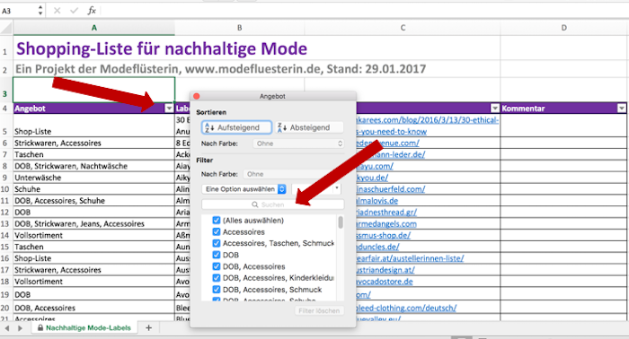 Filter-Funktion für die Shopping-Liste für nachhaltige Mode - Modeflüsterin
