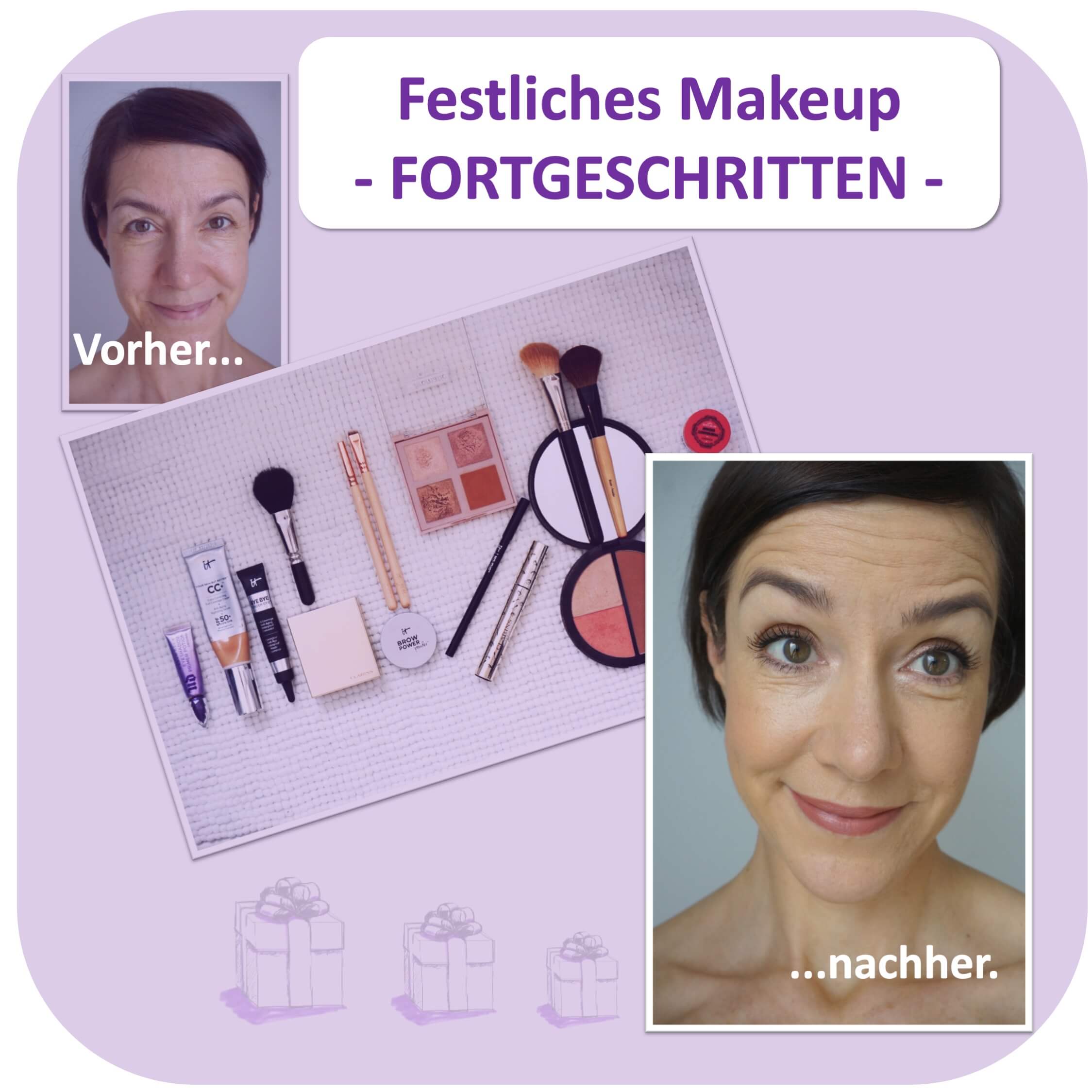 Dieses Vorher-Nachher-Bild zeigt das festliche Makeup für Fortgeschrittene, das Anja als Schritt-für-Schritt-Anleitung vorbereitet hat.