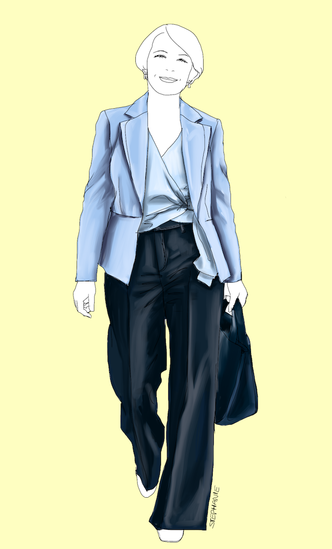 Basisgarderoeb für die klassisch-elegante Frau ab 40: Outfit mit dunkelblauer Jeans und Blazer