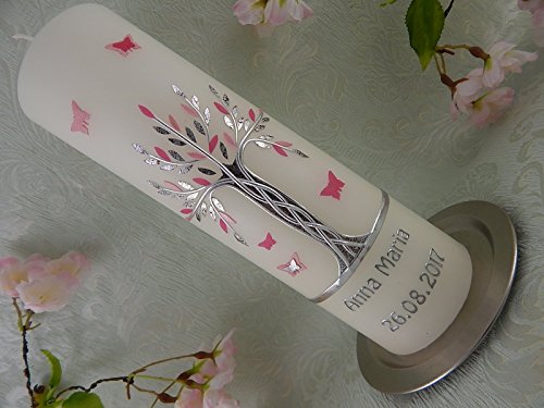 Taufkerze Kommunionkerze Lebensbaum rosa silber mit Schmetterlingen für Mädchen