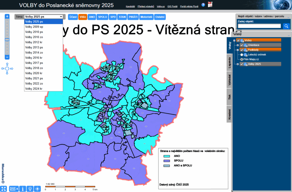 Výběr zobrazení výsledků voleb z rozbalovacího seznamu