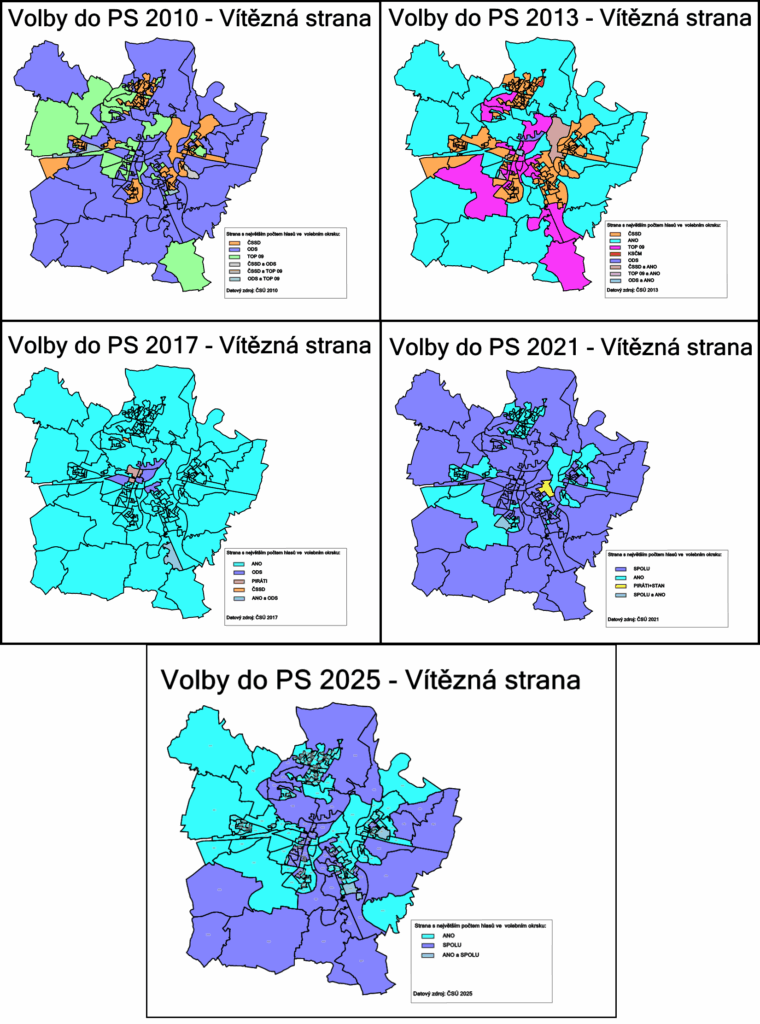 Porovnání kartogramů vítězných stran voleb do Poslanecké sněmovny ČR z let 2010, 2013, 2017, 2021 a 2025