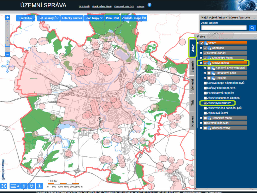 Zobrazení zón se zákazem pyrotechniky na území města v mapovém projektu Územní správa
