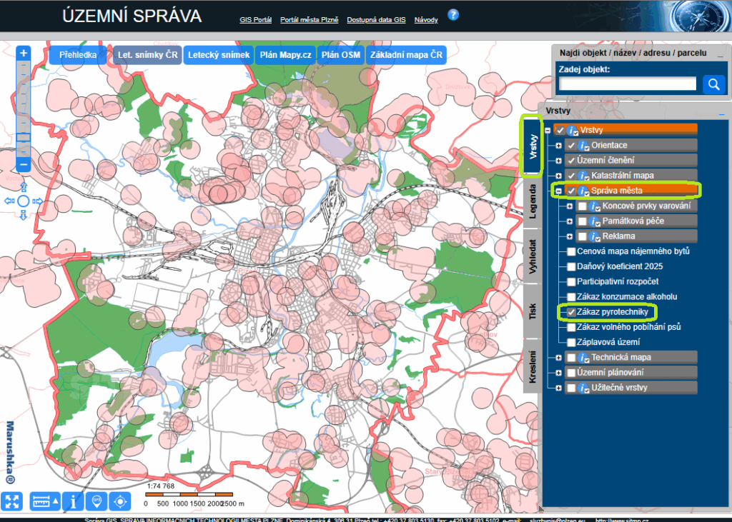 Zobrazení zón se zákazem pyrotechniky na území města v mapovém projektu Územní správa.
