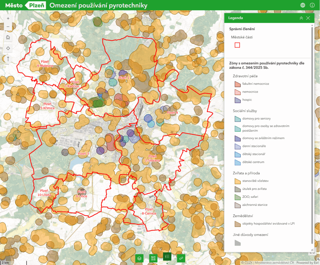 Mapová aplikace Omezení používání pyrotechniky s legendou vysvětlující důvody zřízení zón se zákazem