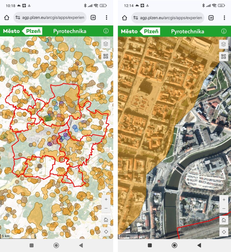 Zobrazení aplikace Pyrotechnika se zónami se zákazem používání pyrotechniky v mobilním zařízení.