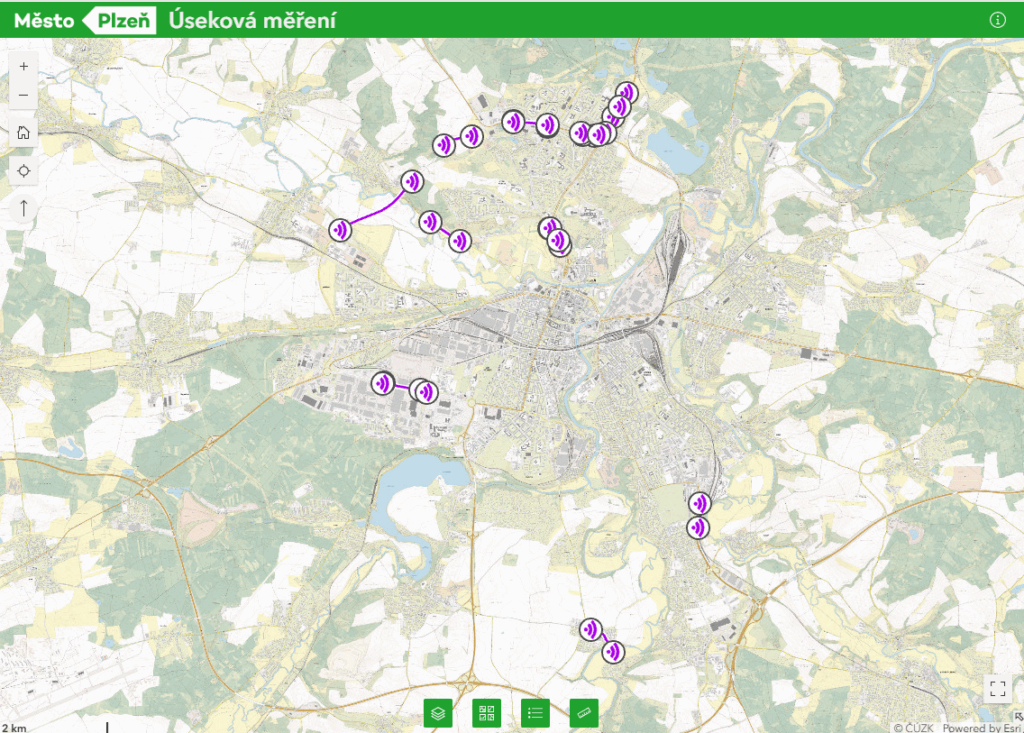 Mapa úsekových měření v Plzni