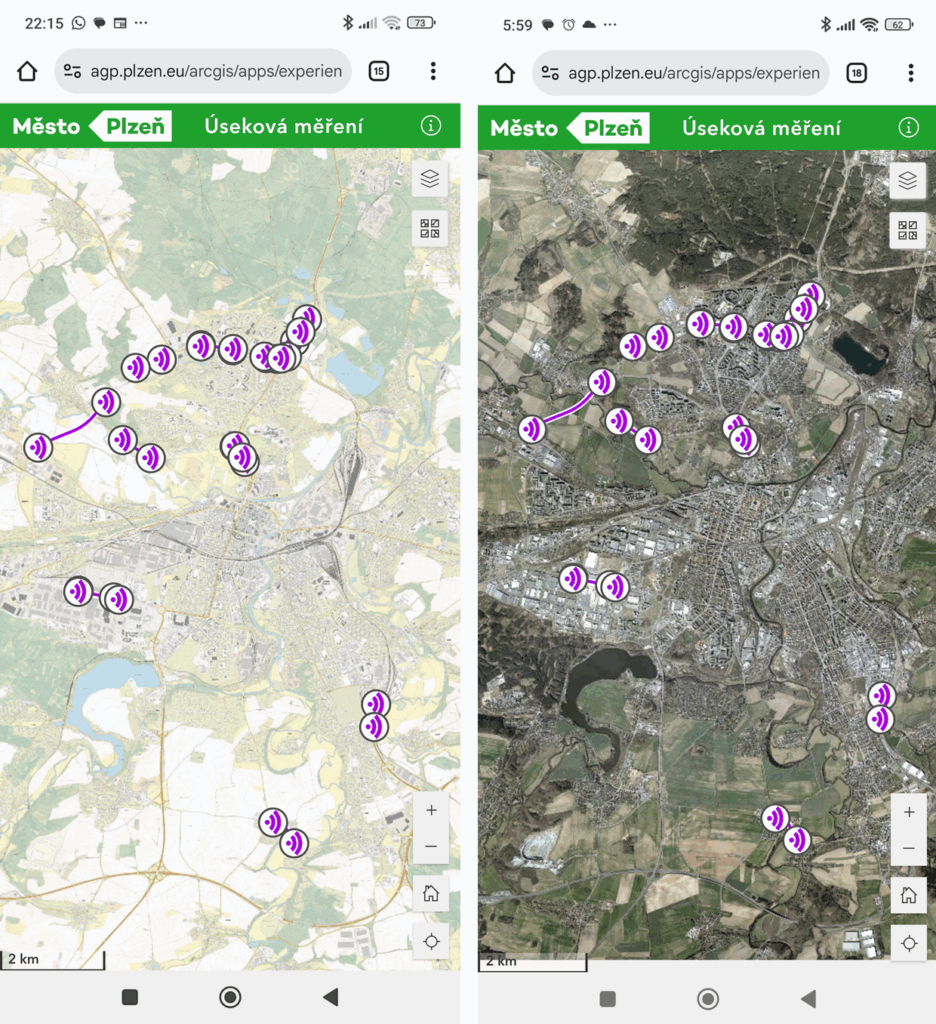 Aplikace se zobrazením úsekových měření rychlosti v mobilním zařízení.
