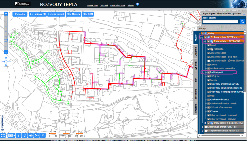 Vyznačení podélných profilů v projektu Rozvody tepla