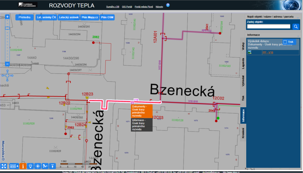 Zobrazení dokumentace podélného profilu k vybrané trase potrubí