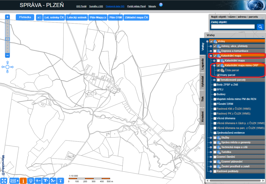Katastrální mapa obcí mimo ORP Plzeň