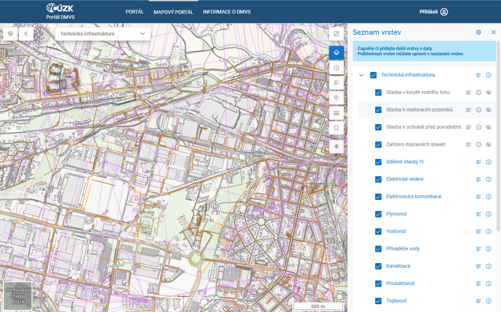 Zobrazení mapové kompozice technické infrastruktury na portálu IS DMVS