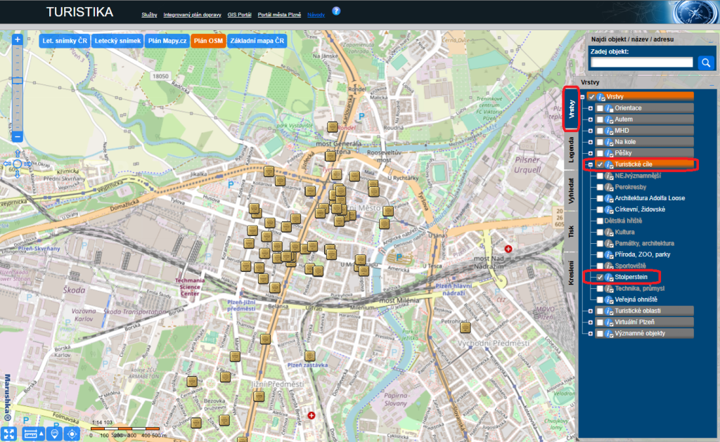 Zobrazení kamenů zmizelých (stolperstein) v mapovém projektu Turistika