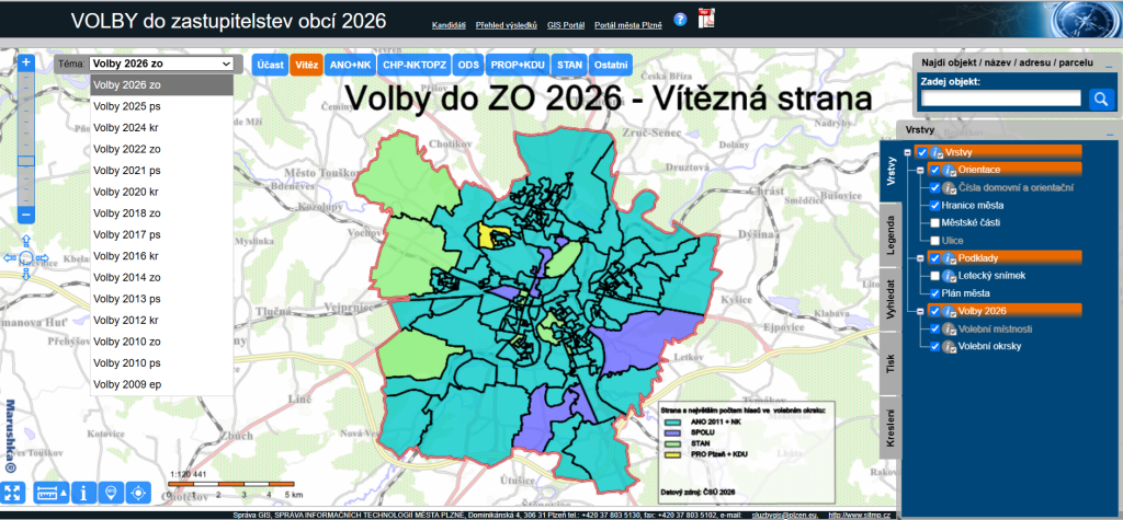 Výběr zobrazení výsledků voleb z rozbalovacího seznamu