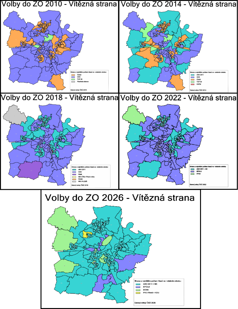 Porovnání kartogramů vítězných stran voleb do zastupitelstva obce z let 2010, 2014, 2018, 2022 a 2026