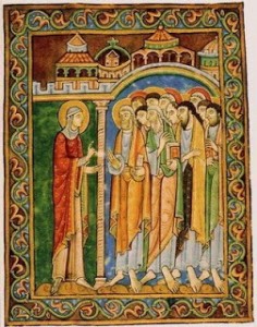 Псалтир Св. Албанія, ХІІ ст. На цьому зображенні Марія Магдалина спілкується з апостолами.