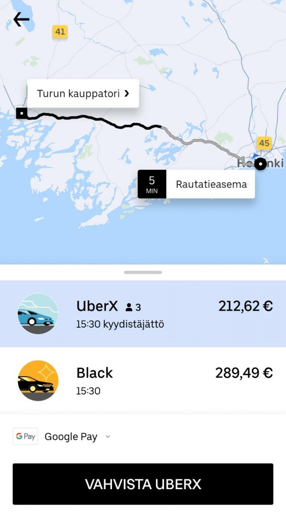 Helsinki-Turku taksimatka Uber sovelluksella