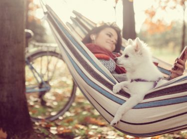 Weißer Hund und junge Frau liegen in der Hängematte.