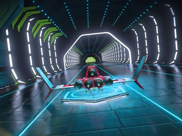 Ein Raumschiff steht in einer Raumstation in No Man's Sky