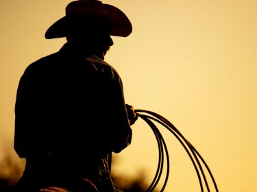 Cowboy hält sein Lasso und reitet auf dem Pferd.