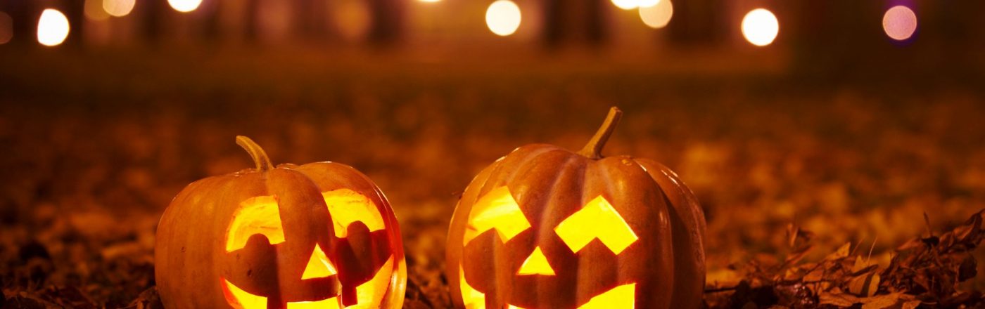 Mit Alexa Halloween feiern: Sprachbefehle & Skills fürs Gruselfest Zwei Halloween-Kürbisse stehen im Wald.