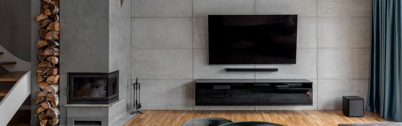 Design-Wohnzimmer-wireless-HDMI Design-Wohnzimmer mit Flach-TV an der Wand