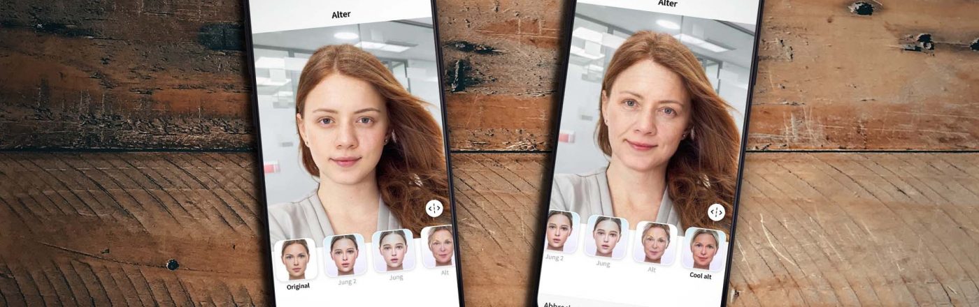 Mit FaceApp kannst Du Dein Portrait künstlich altern lassen. Zwei Screenshots der FaceApp vorher-nacher