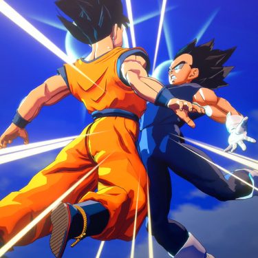 dragon-ball-z-karakot-header Zwei Kämpfer springen in Dragon Ball Z: Kakarot gegeneinader. Foto: Bandai