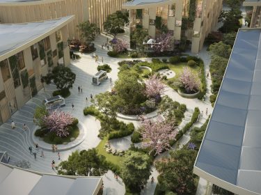 Die CGI-generierte Vision der neuen Smart City von Toyota zeigt eine Parkanlage für Fußgänger, autonom fahrende Elektrofahrzeuge und Smart Homes..