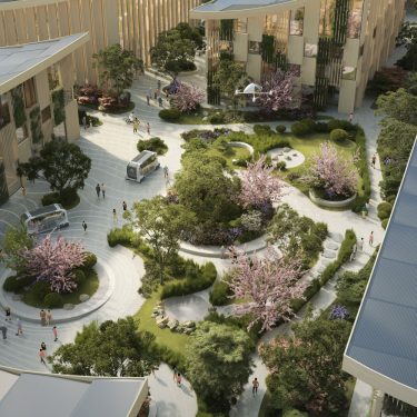 toyota-woven-city-vision-einer-zukunftsstadt Die CGI-generierte Vision der neuen Smart City von Toyota zeigt eine Parkanlage für Fußgänger, autonom fahrende Elektrofahrzeuge und Smart Homes..