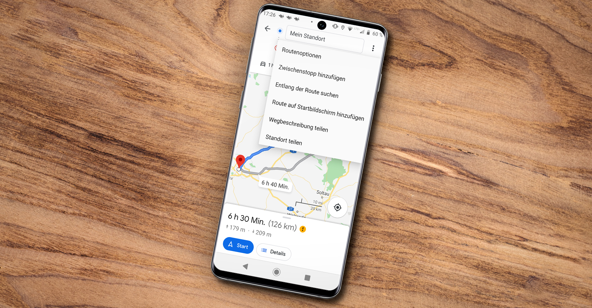 Das Routenmenü in Google Maps unter Android inklusive der Option für einen Startbildschirm-Shortcut