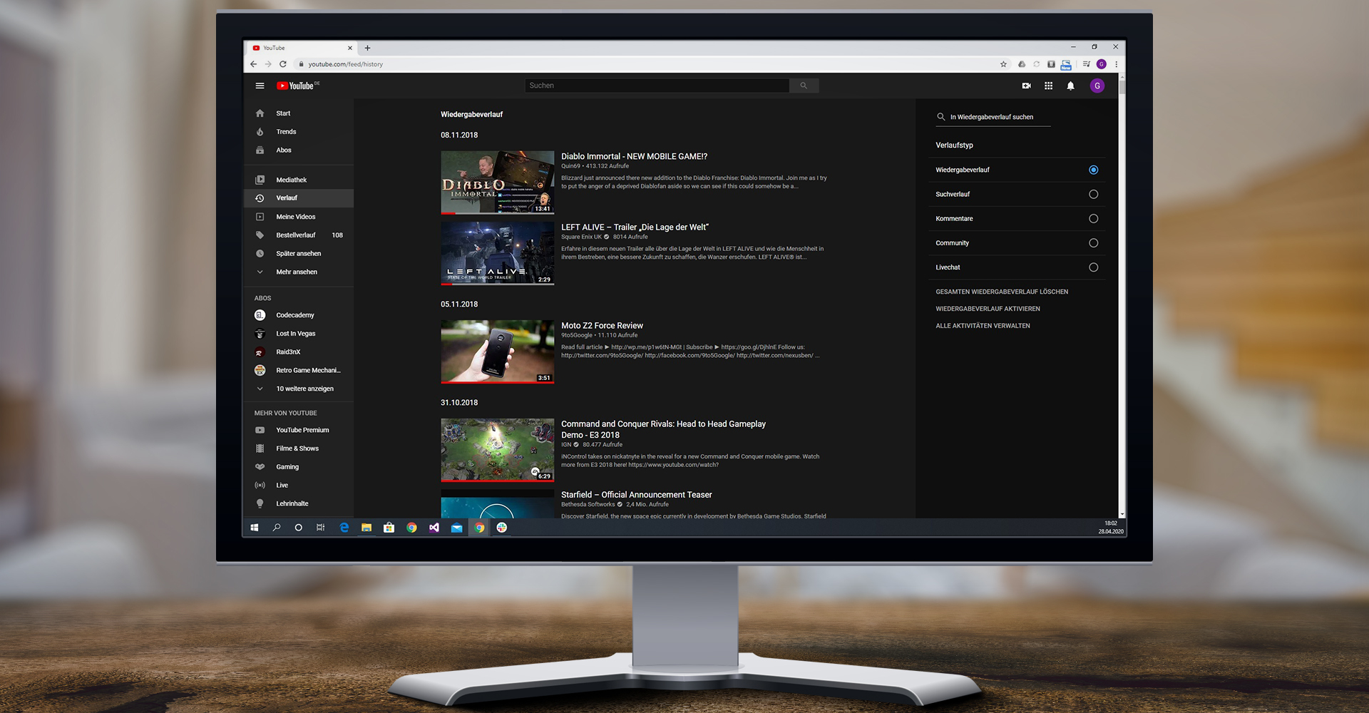 YouTube-Verlaufsansicht unter Windows 10 in Google Chrome als Screenshot auf Monitor