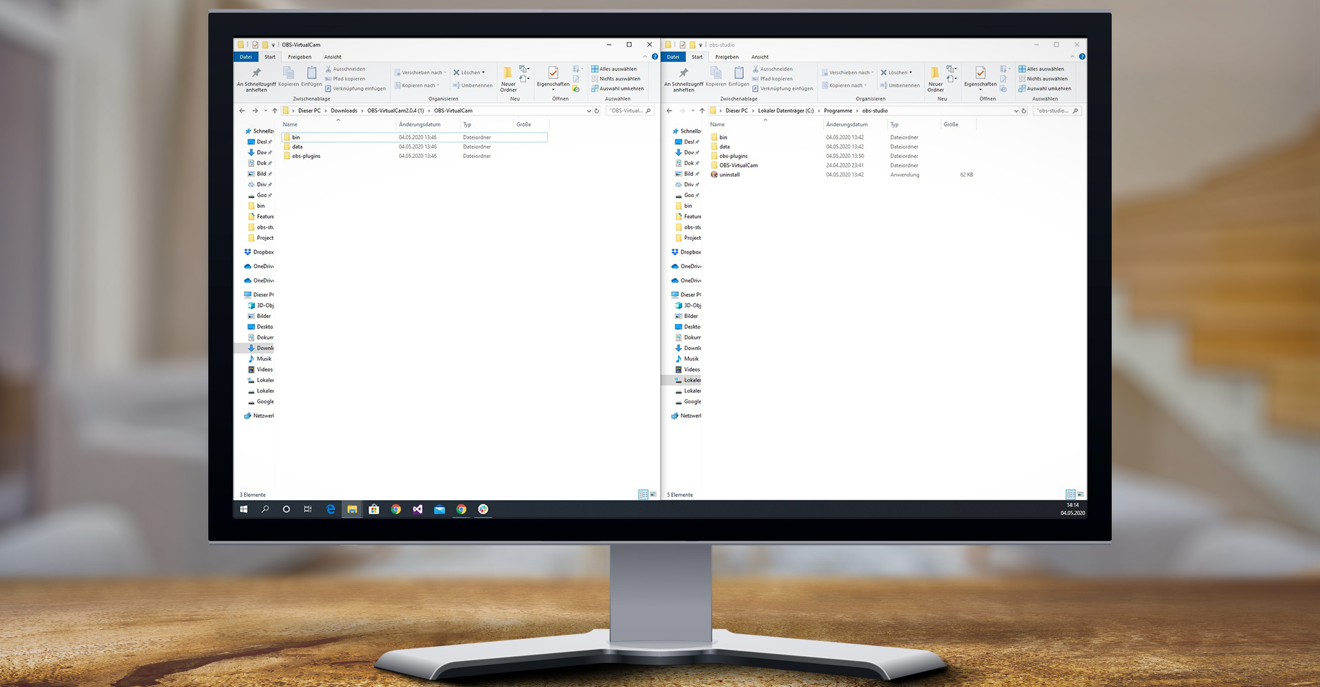 Die Ordnerstrukturen des Virtual-Camera-Plugins und von OBS Studio nebeneinander unter Windows 10